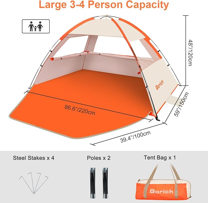 Gorich Beach Tent Sun Shelter for 3/4/6/8/10 Person with UPF 50＋ UV Protection, Lightweight & Easy Setup Beach Shade Canopy, Portable Beach Shade Tent Beach Cabana