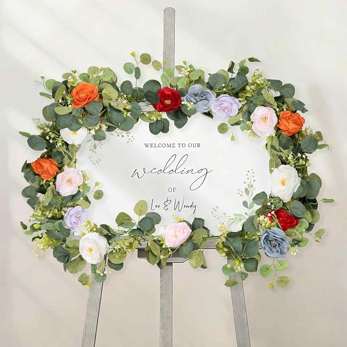 2Pcs(10FT) Artificial Eucalyptus Garlands with Rose Flowers, Faux Floral Greenery Garland Fake Flower Vines for Valentine's Day Wedding Table Arch Party Anniversary Backdrop Decor (Colorful)