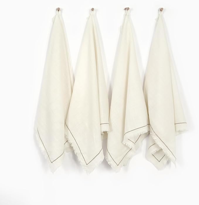 Linen World Dish Towels Set of 4, 20 x 28 Inch Linen Blend Kitchen Towel, Frayed Edge, Embroidered Border, Absorbent Large Tea Towels-Cream