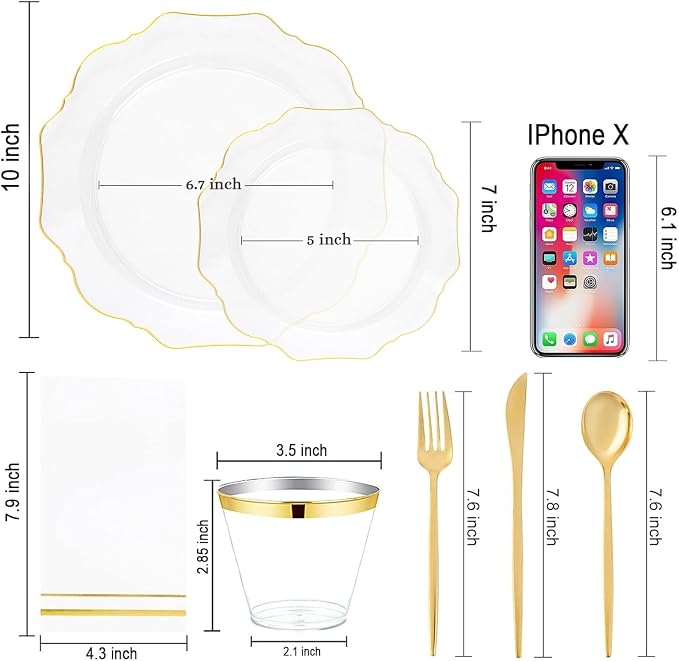 WDF 175Pcs Gold Plates Disposable - White and Gold Plastic Plates 25guest Plastic Dinnerware Ideal for Party/Wedding/First Communion/Spring