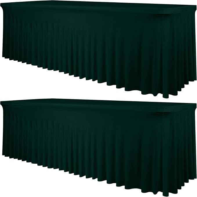 2 Packs Emerald Green Stretch Table Skirts for 8 Foot Rectangle Table, Washable Spandex Stretch Tablecloths with Skirt, Wrinkle Resistant Fitted Tablecover for Wedding Party Banquet