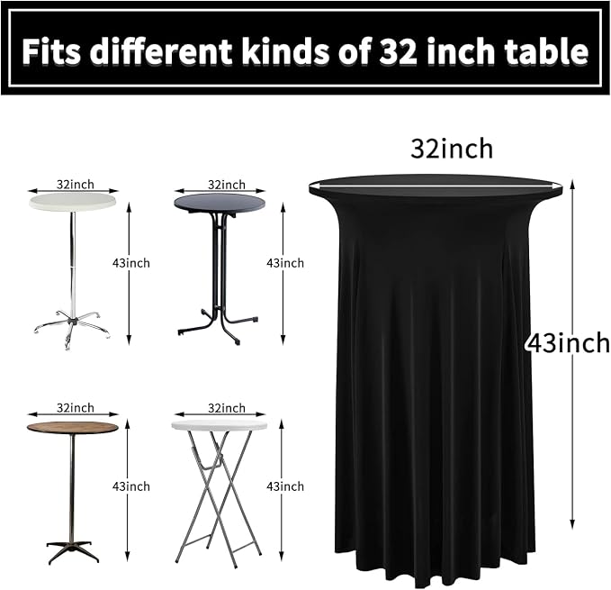 10 Packs Round Cocktail Table Skirt 32"x 43" Black Spandex Stretch Cocktail Table Skirt Cocktails Tablecloth with Wavy Drapes, Spandex Fitted High Top Tables Covers for Wedding Bar Banquet Party