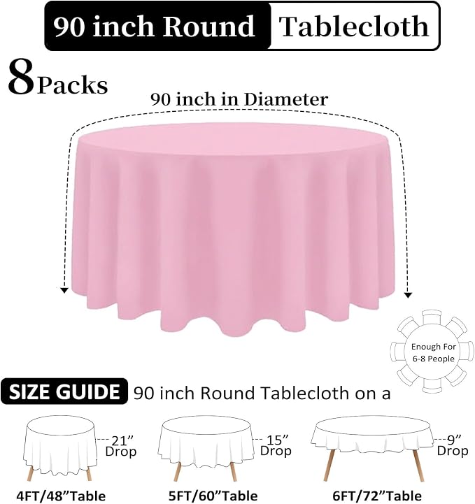 8 Pack Pink Round Tablecloth 90 Inch Wrinkle Resistant Round Pink Table Cloth Reusable and Washable Polyester Fabric for Holiday Buffet Wedding Party and Banquet