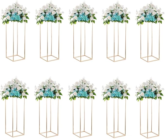 Gold Metal Cube Vase Stand for Wedding Centerpieces, 31.5in Tall, 10 Pcs | Columnar Cube Shape, Easy to Assembly, Flowers Cakes Drinks Display Table Centerpieces for Wedding Party Event