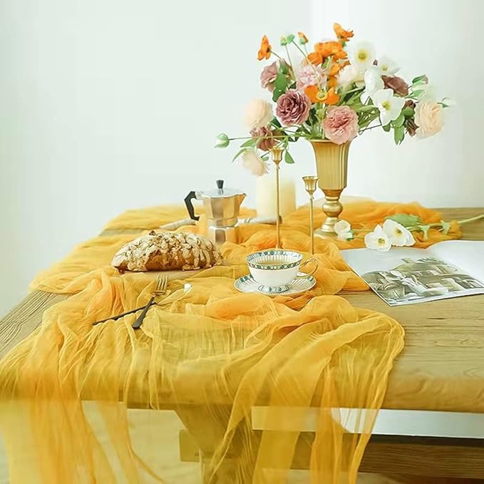 Joanlody Yellow Cheesecloth Table Runner Spring Summer 10Ft Rustic Gauze Boho Cheese Cloth Table Runner for Wedding Bridal Baby Shower Decoration