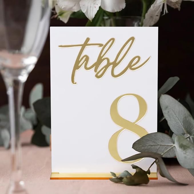 Wedding Table Numbers 1-15, White Acrylic with Gold Text, Freestanding with Base