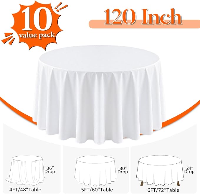 10 Pack White Round Tablecloth 120 Inch Round Table Cloth Wrinkle Resistant White Table Cloth Washable and Reusable Polyester Fabric Table Covers for Banquet Wedding Party Dining Buffet