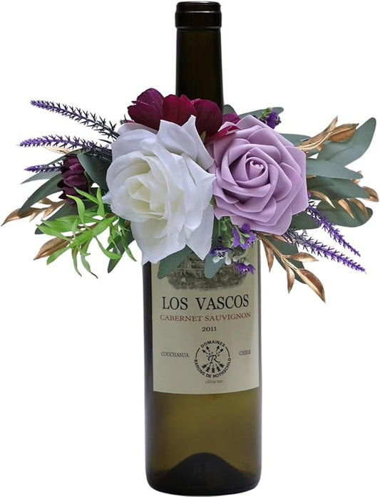 CherishedMoments 1Pcs Wine Bottle Flower Set, Dining Tables, Plates Decorations，Purple Artificial Flowers Wine Bottle for Wedding Ceremony Anniversary, Wedding Home Decor