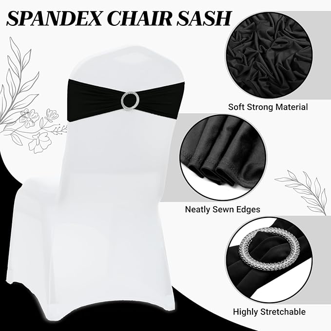 VDS - Black | Spandex Chair Sashes Bows | 75 PCS | Stretch Elastic Banquet Universal Folding Chair Band Tie with Silver Buckle Slider for Wedding Party Conference Celebration Event Decoration