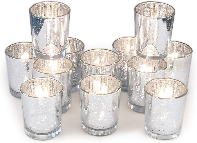 Volens Silver Votive Candle Holders, Mercury Glass Tealight Candle Holder Set of 12 for Wedding Decor and Home Decor