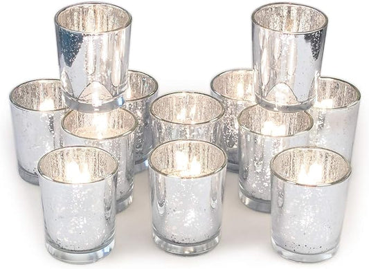 Volens Silver Votive Candle Holders, Mercury Glass Tealight Candle Holder Set of 12 for Wedding Decor and Home Decor