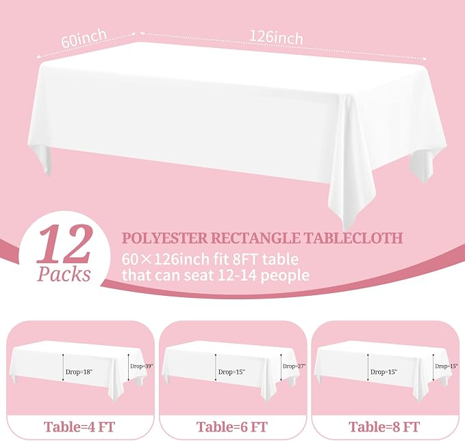 Pesonlook 12 Pack White Tablecloth-60 x 126Inch Rectangular Tablecloth Polyester Washable Fabric Table Cover for 8 Feet Rectangle Tables, for Wedding/Buffet Party/Dining Table/Events