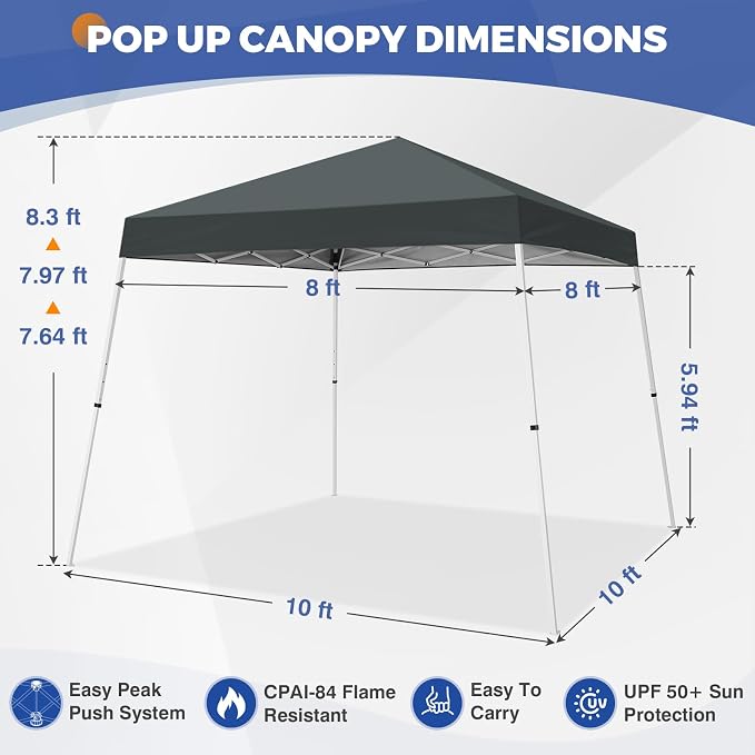 COOS BAY 10x10 Pop Up Canopy Tent, Portable Outdoor Shelter with Carry Bag for Tailgate, Party, Beach, Picnic, and Camping, 10x10 Base 8x8 Top, Gray