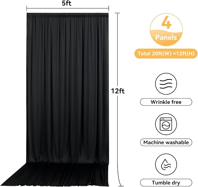 20ftx12ft Black Backdrop Curtain for Parties, Wrinkle Free 4 Panels 12 ft Long Silky Polyester Photo Backdrop Drapes Back Drop Cloth Drapery for Wedding Birthday Graduation Photography Background