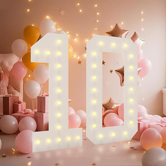 4FT Light Up Numbers, Marquee Numbers 4 Feet Tall Giant Number 10 Mosaic Big Number Sign for 10th Birthday Party Backdrop Anniversary Decorations, Pre-Cut Large Frame