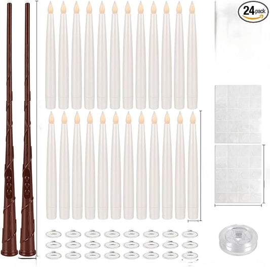 YOROXRG 24 Pack Halloween LED Magic Hanging Floating Candles, Taper Flickering Flameless with 2 Magic Wands - Candle Set for Halloween, Christmas, Weddings, Birthdays & Fantasy Ambiance...