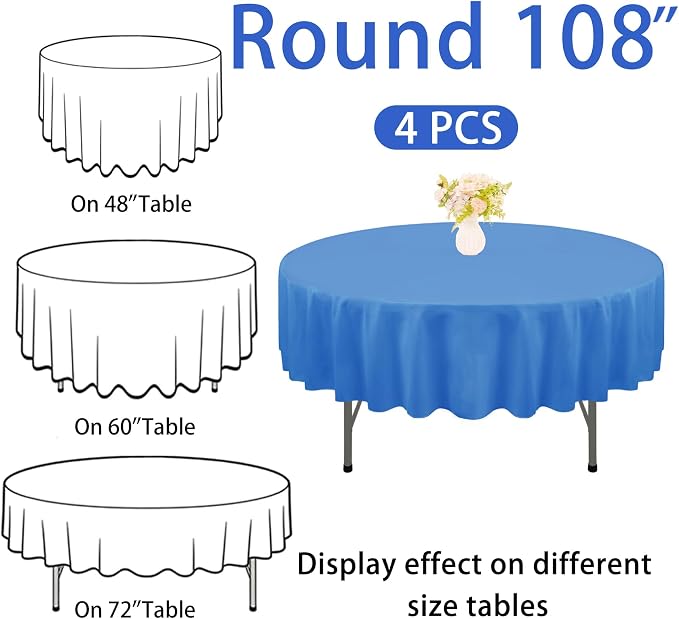 4 Pack Round Tablecloth 108 Inch Polyester Washable Fabric Table Covers for Wedding Dining Table Buffet Parties Banquet Decoration（Blue）
