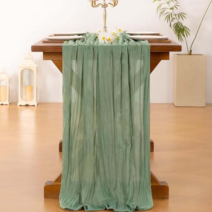 Socomi Sage Green Cheesecloth Table Runner Summer Boho Rustic Farmhouse Gauze 120 inch 10FT Cheese Cloth Sheer Runner for Wedding Party Baby Shower Birthday Home Decor Holiday Decorations