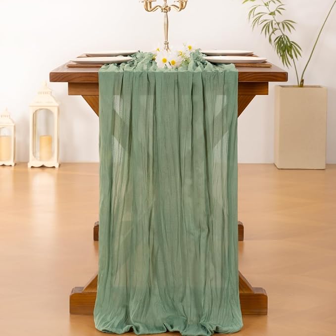 Socomi 3pcs Sage Green Cheesecloth Table Runner Summer Boho Rustic Gauze 120 inch 10FT Cheese Cloth Sheer Runner for Wedding Party Baby Shower Home Decor Holiday Decorations