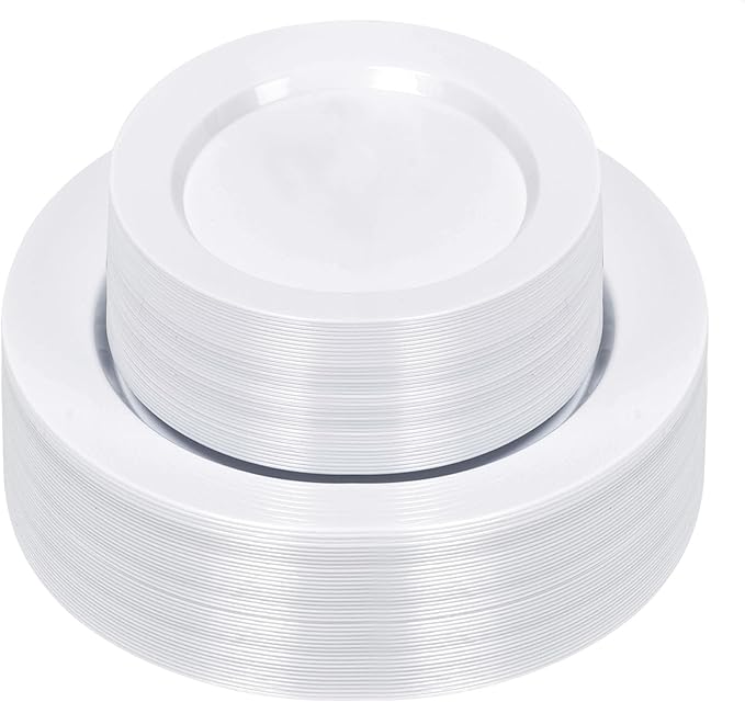 Bestluck 100PCS White Plastic Plates, White Disposable Plates for 50 Guests, 50 Dinner Plates 10.25 inch and 50 Dessert/Salad Plates 7.5 inch for Party, Graduation, Wedding