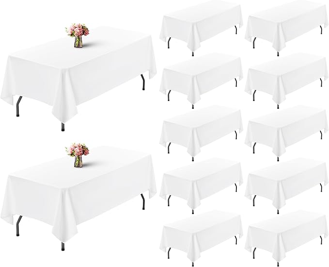 Showgeous 12 Pack White Rectangle Tablecloths, 60 x 102 Inch, Polyester, Wrinkle Resistant, Machine Washable, Perfect for 6ft Tables, Wedding, Birthday Parties
