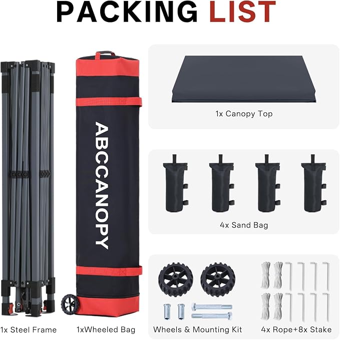 ABCCANOPY 10x10 Pop Up Canopy Tent, Easy Setup Instant Shelter with Wheeled Bag, Heavy Duty Outdoor Canopy for Beach, Market, Backyard, UV Protection, Outdoor Weather Protection (Dark Gray, 10x10)