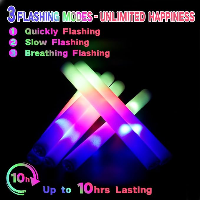 48 Foam Glow Sticks for Party Pack: Wedding Essentials Parties Supplies Bulk - 3Modes Colorful Flashing Led Light Up Dark Stick - Dance Floor Props for Birthday Carnival Raves Concert (48 PK / SET)