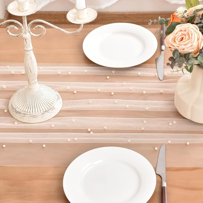 Light Peach Pearl Table Runner Boho Rustic Tulle Lace Dining Baby Shower Wedding Arch Decor Veil Dessert Holiday Centerpiece Table Decor 6pcs