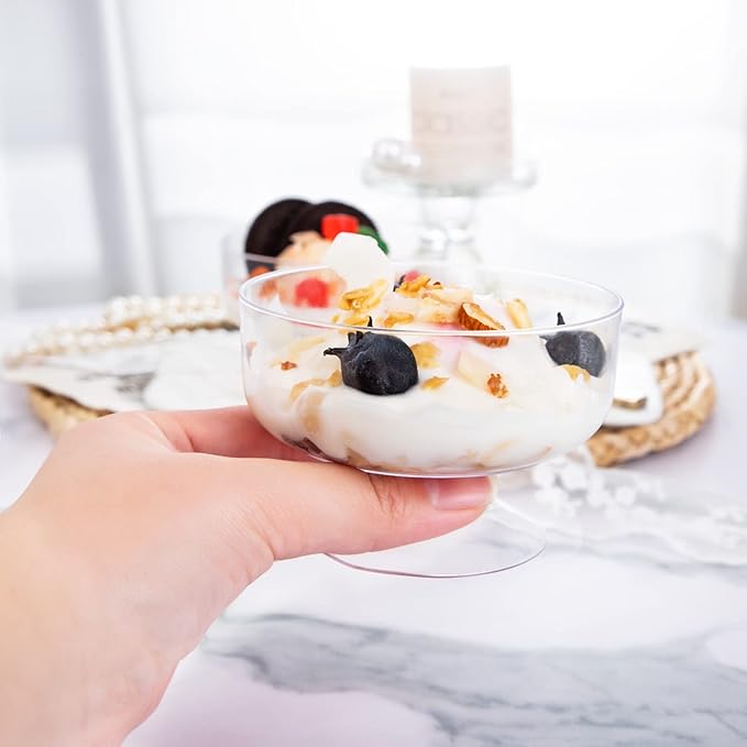 WDF 7oz Clear Dessert Cups Disposable - 96 Pack Dessert Cups With Mini Gold Spoons Plastic Parfait Cups Medium to Large 48 Ice Cream Plastic Cups & 48 Gold Tasting Spoons for Party & Thanksgiving