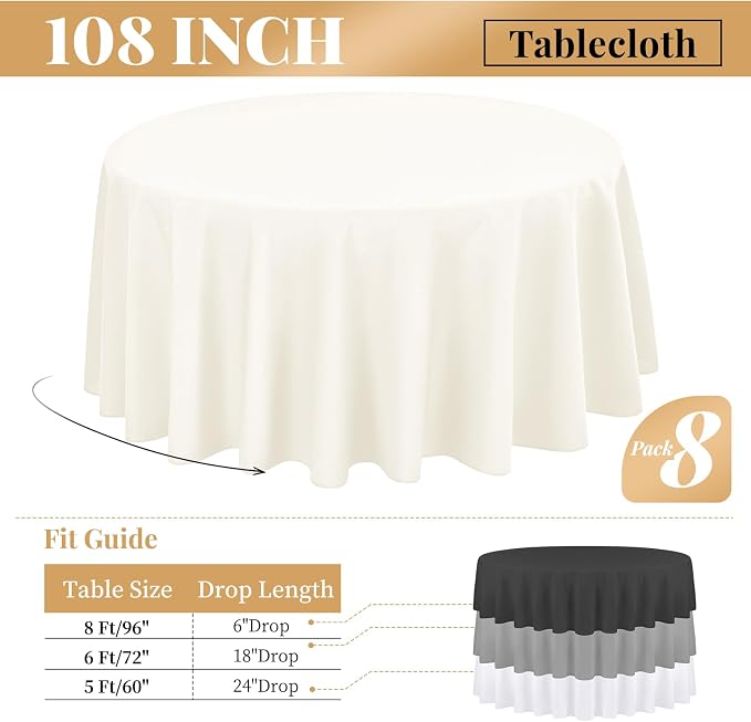 fani 8 Pack Polyester Round Tablecloth 108 Inch Ivory Circular Tables Cloth, Stain and Wrinkle Resistant Washable Round Table Cover for Wedding Party Kitchen Dining Table Buffet Parties Camping