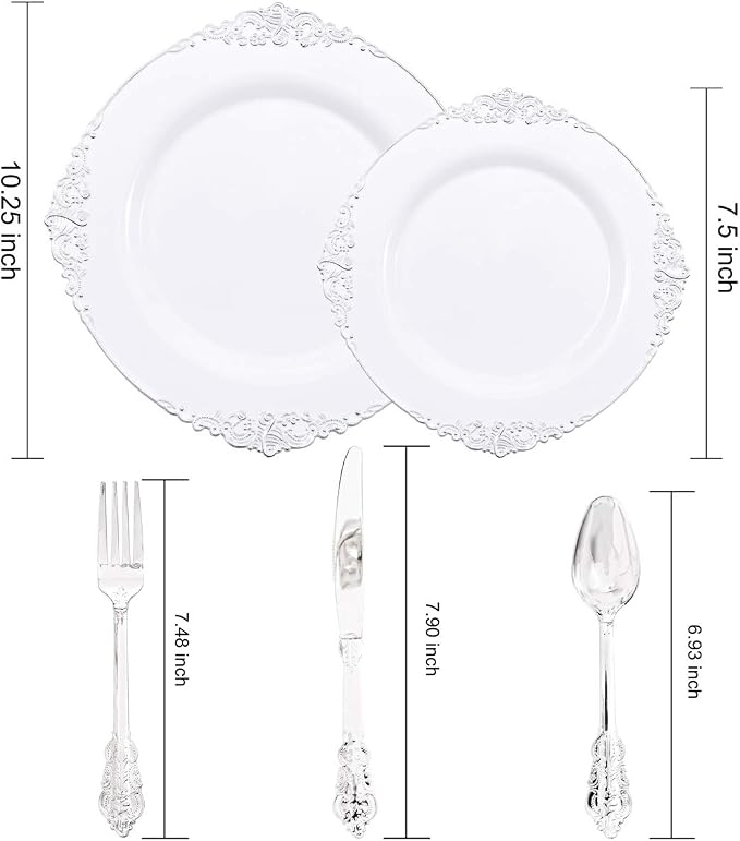 Liacere 150PCS Silver Plastic Plates with Silver Cutlery - Disposable Plastic Plates Include 30Dinner Plate, 30Dessert Plate, 30Knives, 30Spoons, 30Forks - Ideal for Wedding & Party