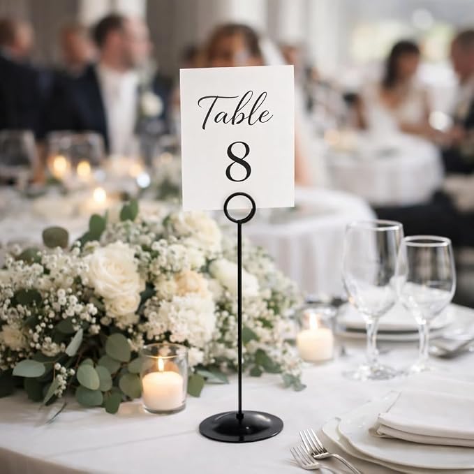 HOHIYA 12 Pack Black Table Number Holders 12" Wedding Place Card Stands | Stable metal stands display table numbers, menus, photos and reserved signs for weddings, restaurants and special events.