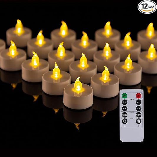 PUNPUBA LED Tea Light Remote Control Candle,Flickering Flameless LED Candle,Long Lasting 400+Hours,Battery Operated with Timer for Home Decoration Seasonal &Festival Celebration WarmYellow (12pcs)