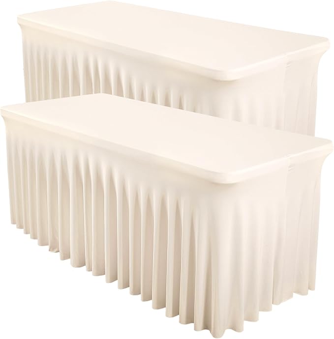Shillance 2 Packs Ivory Spandex Tableclothes for 8 Foot Rectangle Table, Spandex Table Covers 8FT Stretch Table Skirts Rectangle Wrinkle Free Fitted Table Cloth for Event, Wedding, Banquet & Parties