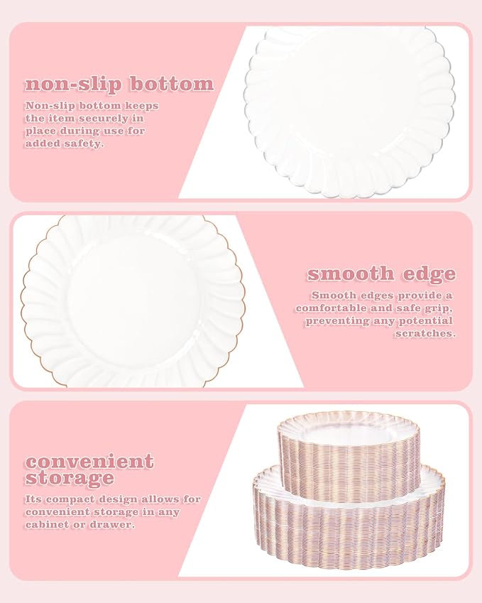 YOUBET 100PCS Rose Gold Plastic Plates - Heavy Duty Scalloped Disposable Plates Include 50 Dinner Plate, 50 Dessert Plate for Wedding & Baby Shower & Party