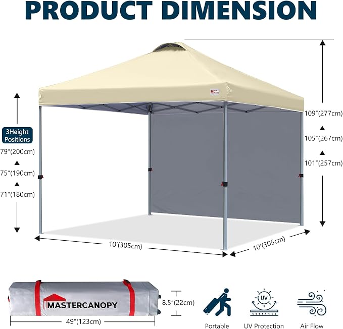MASTERCANOPY 10x10 Pop Up Canopy Tent with 1 Sidewall, 1 Person Setup Instant Shelter, Outdoor Portable Beach Canopy, 1 Roller Bag, 4 Sandbags, 4 Ropes, 8 Stakes (10x10, Beige)