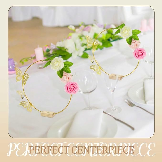 Vercraft 12 Set Butterfly Metal Floral Hoop Table Centerpieces, Metal Ring with 3D Butterfly Decor, PE Foam Flower, Adhesive Dot, Gold Wires for DIY Wedding Party(White, Pink, Pink,Round)