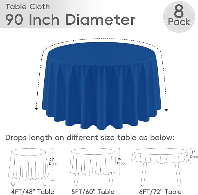 8 Pack Round Tablecloth 90 Inch Royal Blue Tablecloth for Round Tables, Washable Polyester Table Cloth Stain and Wrinkle Resistant Decorative Table Cover for Wedding Party Dining Banquet