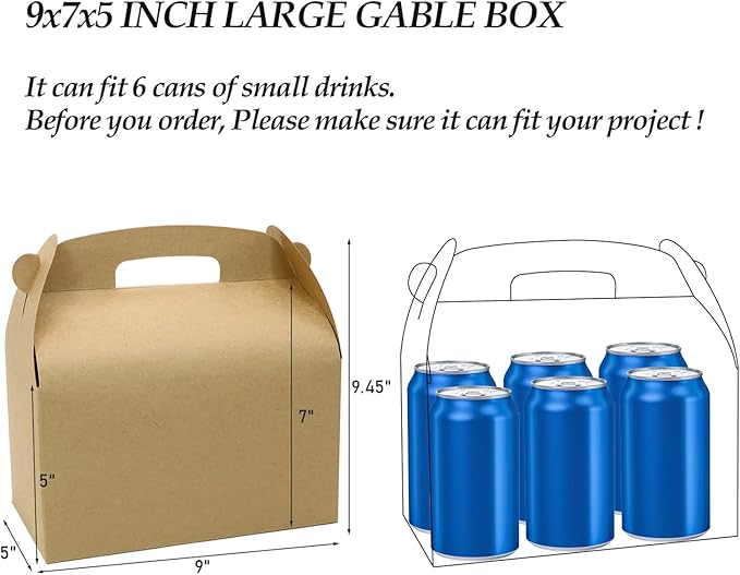 30Pcs 9 Inch Large Gable Gift Boxes, Brown Party Favor Treat Boxes, Lunch Box with Handles for Birthday Babyshower Wedding Activity Picnic