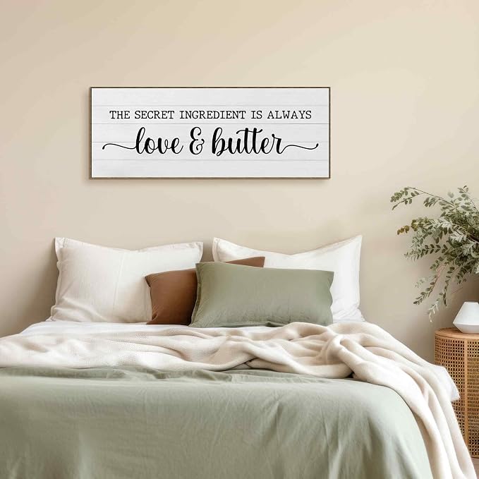 TLESKE the Secret Ingredient Is Always Love and Butter Sign Large Wall Art Decor Framed for Kitchen Dining Room 15x40, Funny Canvas Wall Art Print for Kitchen, Rustic Farmhouse Signs Wall Picture