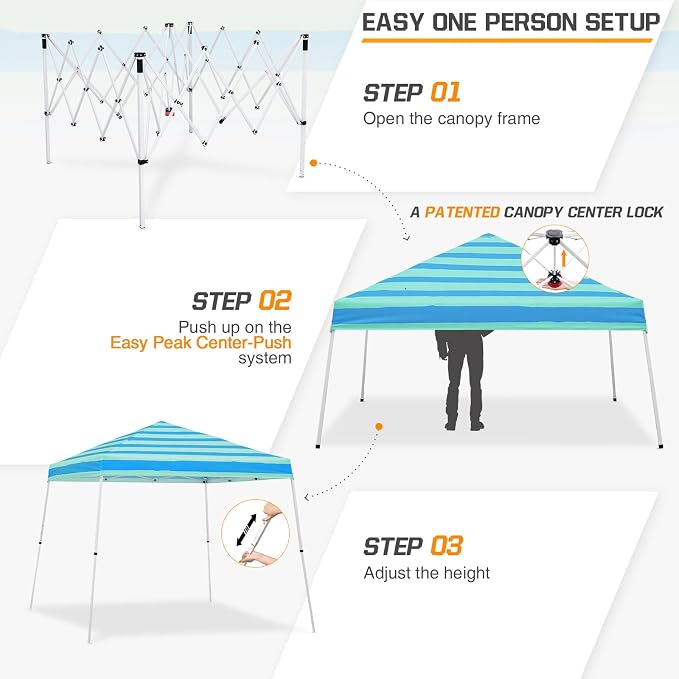 EAGLE PEAK 10x10 Slant Leg Pop-up Canopy Tent Easy One Person Setup Instant Outdoor Beach Canopy Folding Portable Sports Shelter 10x10 Base 8x8 Top (Green Blue Stripe)