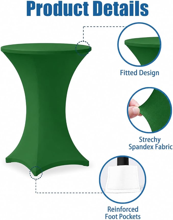 Cocktail Table Covers - 6 Pack 32x43 Inch Table Cloth - Green Fitted Stretch Spandex Round High Top Tablecloth for Party, Bar, Birthday, Pub, Banquet