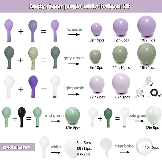 Dusty Green Purple White Balloon Arch Kit Double Stuffed Pastel Purple, Light Sage Green, Lavender Balloon Garland with Clear Bobo for Birthday Baby Shower Wedding Flower Party Decoration