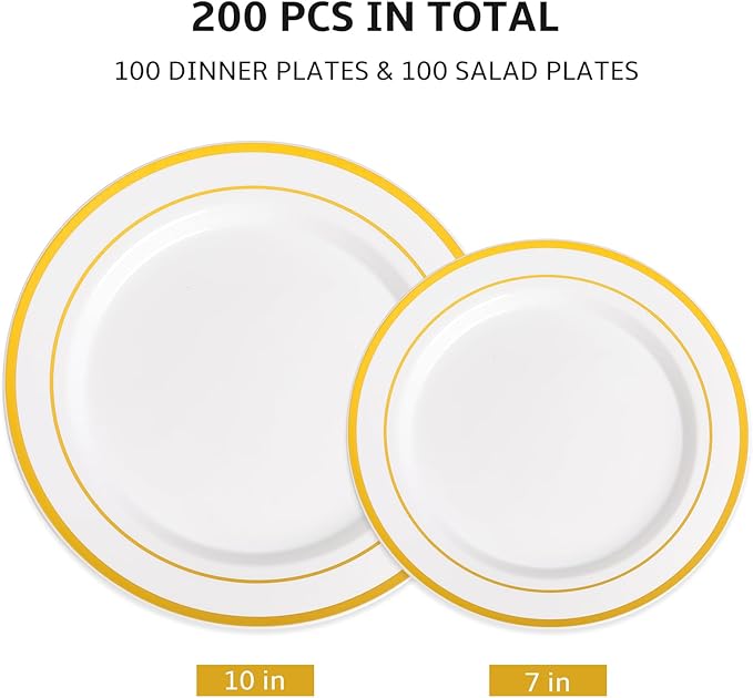 AOZITA 200PCS Gold Plastic Plates Set, Heavy Duty Disposable Plates for Party & Wedding, Includes 100 Dinner Plates and 100 Dessert Salad Plates, Elegant White with Gold Rim Dinnerware
