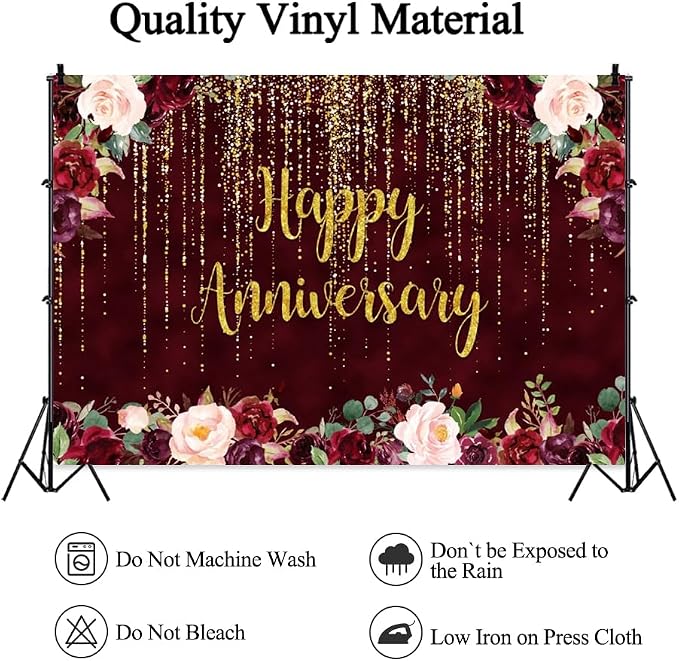 7x5ft Happy Anniversary Backdrop, Gold Glitter Burgundy Wedding Anniversary Photography Background 1st 40th 50th 63th Couple Wedding Women Birthday Floral Party Decorations Cake Table Decor