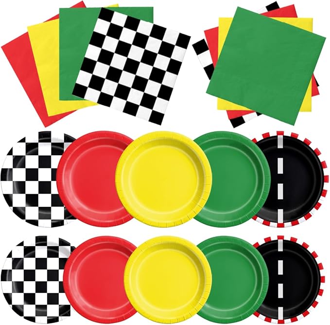 CMUSKO Race Car Birthday Party Decorations - 60Pcs Traffic Light Plates & Napkins Kit Road Checkered Flag Tableware for Boy Party Supplies