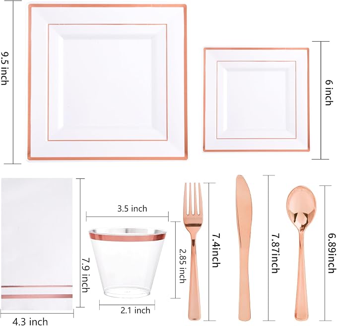Festiva 350Pcs Rose Gold Plates and Napkins Party Supplies-Square White and Rose Gold Disposable Dinnerware include Plates Cups Cutlery Napkins for 50 Guests Wedding &Mother's Day&Birthday Party