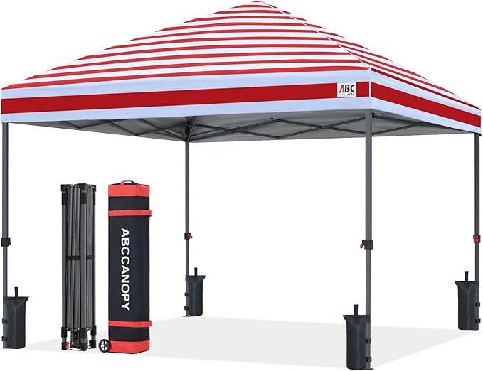 ABCCANOPY 10x10 Pop Up Canopy Tent, Easy Setup Instant Shelter with Wheeled Bag, Heavy Duty Outdoor Canopy for Beach, Market, Backyard, UV Protection, Outdoor Weather Protection (Red Stripes, 10x10)