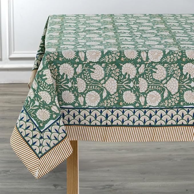 Ridhi Turquoise Moss Green Hand Block Print Cotton Rectangle Tablecloth 118" x 70" inches Reusable Table Cover Decorative Everyday Use for Dining Room, Farmhouse, Home Gift for Spring, Mother's Day