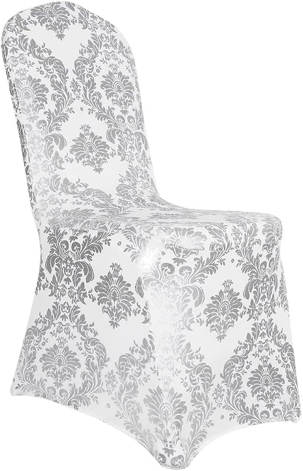 Pack of 1 Dining Chair Covers Bronzing Silver Flower Print Removable Washable Spandex Stretch Decorative Chair Slipcovers Set for Party Wedding Home Decorations - Silver+White